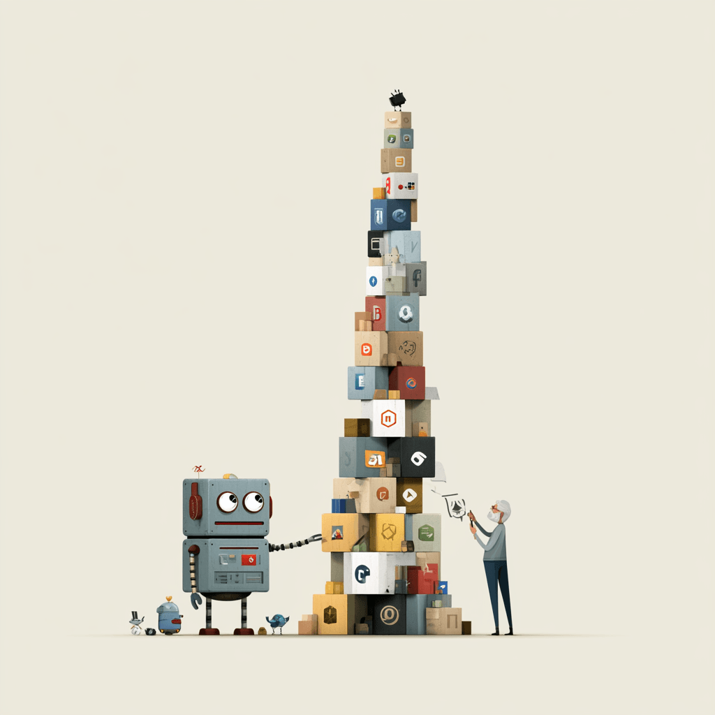 A robot stacks a tower of brand-logo blocks into a ranking while a person inspects it with a magnifying glass